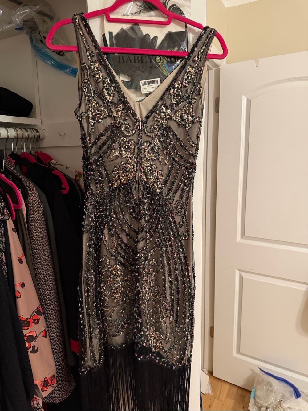 Beaded V-Neck Fringe Evening Dress - Black